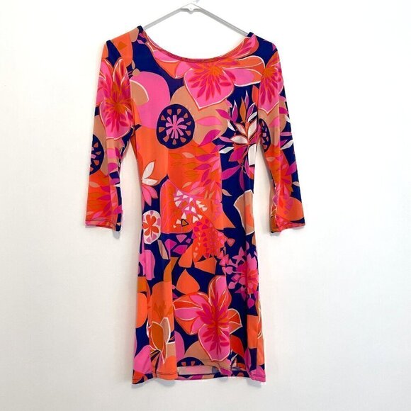 TRINA TRINA TURK Ocean Floral Matte Jersey Tie Back Dress Orange Pink Mini Party - Picture 2 of 14